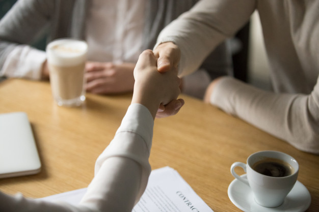 couple handshaking businesswoman making deal cafe close up view 1163 5141